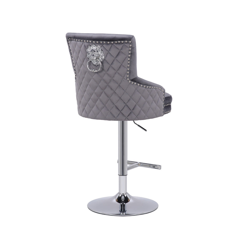 Valenti Shimmer Grey velve  Lion Knocker Quilted Back Plush Chrome Bar Stool