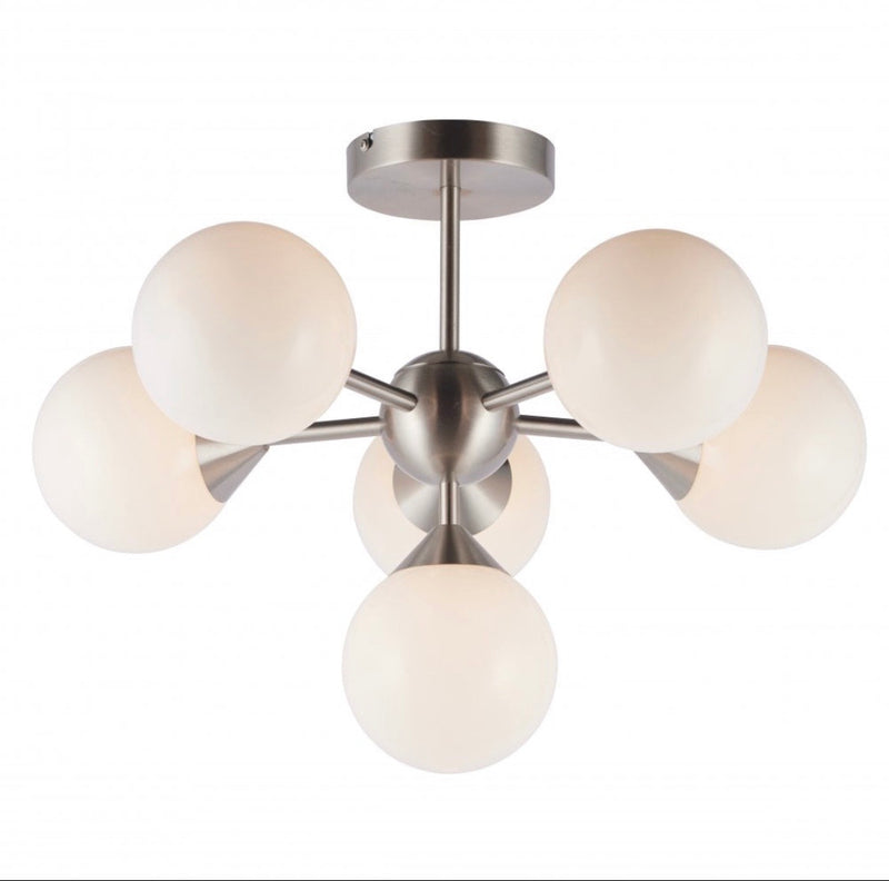 Oscar 6 Light Semi Flush Satin Nickel & Gloss White Glass