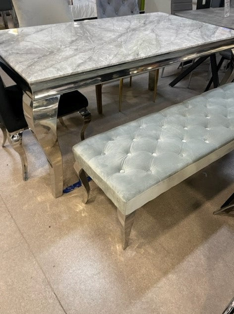 Stunning luxury grey velvet Louis dining bench 140cm wide, Light  grey dining bench