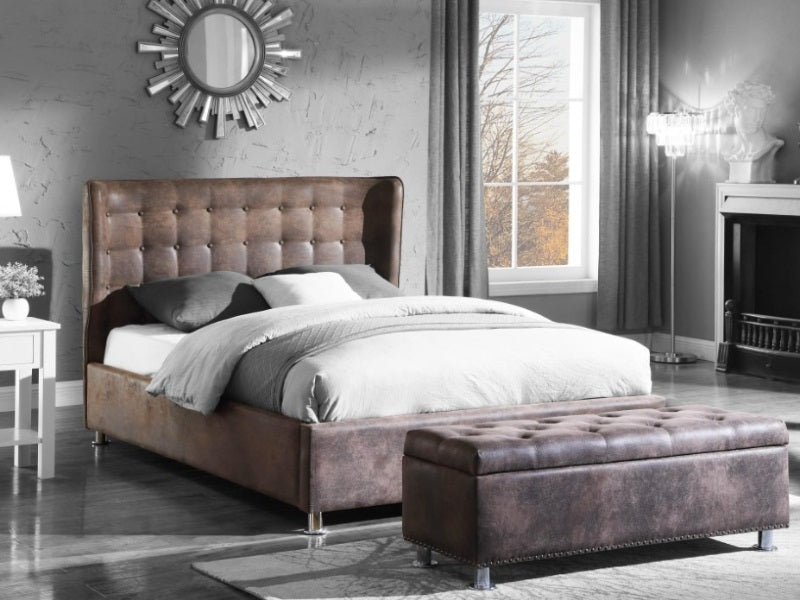Valencia Brown Fabric Bed With Matching Ottoman