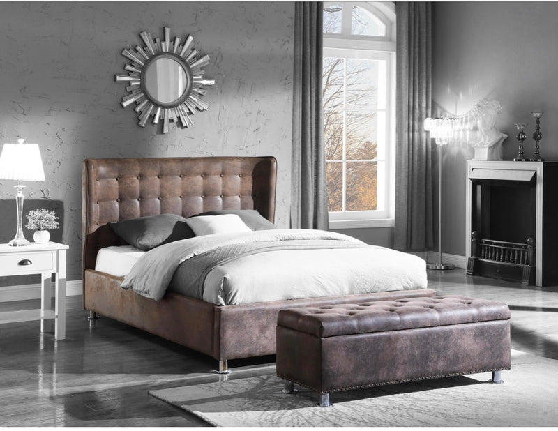 Valencia Brown Fabric Bed With Matching Ottoman